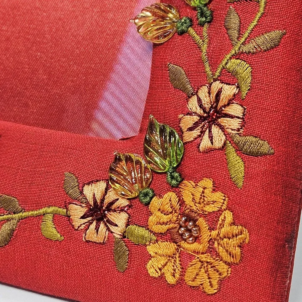 Vtg Photo Frame Gift Red Satin Fabric Embroidered beads Floral Beading 4 x 6 pic